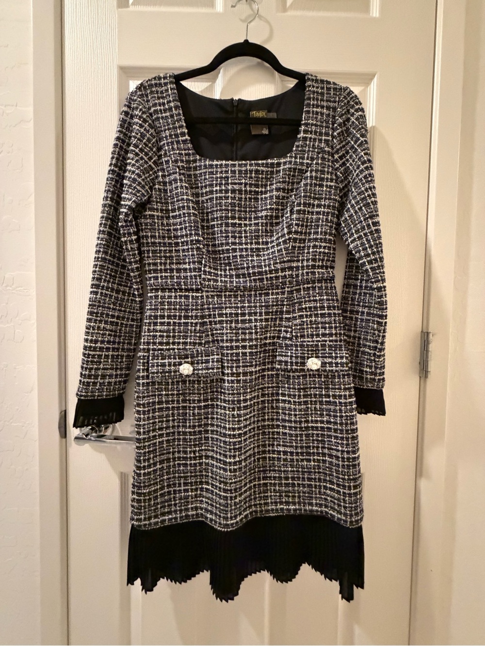 Taylor Black and White Tweed Long Sleeve Square Neck Dress with Pleated Hem